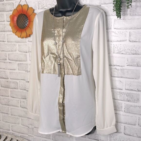Express Sheer Gold Top Blouse Shirt Button Down Oversized Tunic Small Boho - Picture 3 of 9